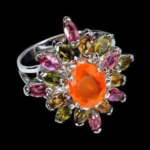 925 Sterling Silver Ring Oval Orange Opal 9x7mm Tourmaline Gemstone Jewelry 8